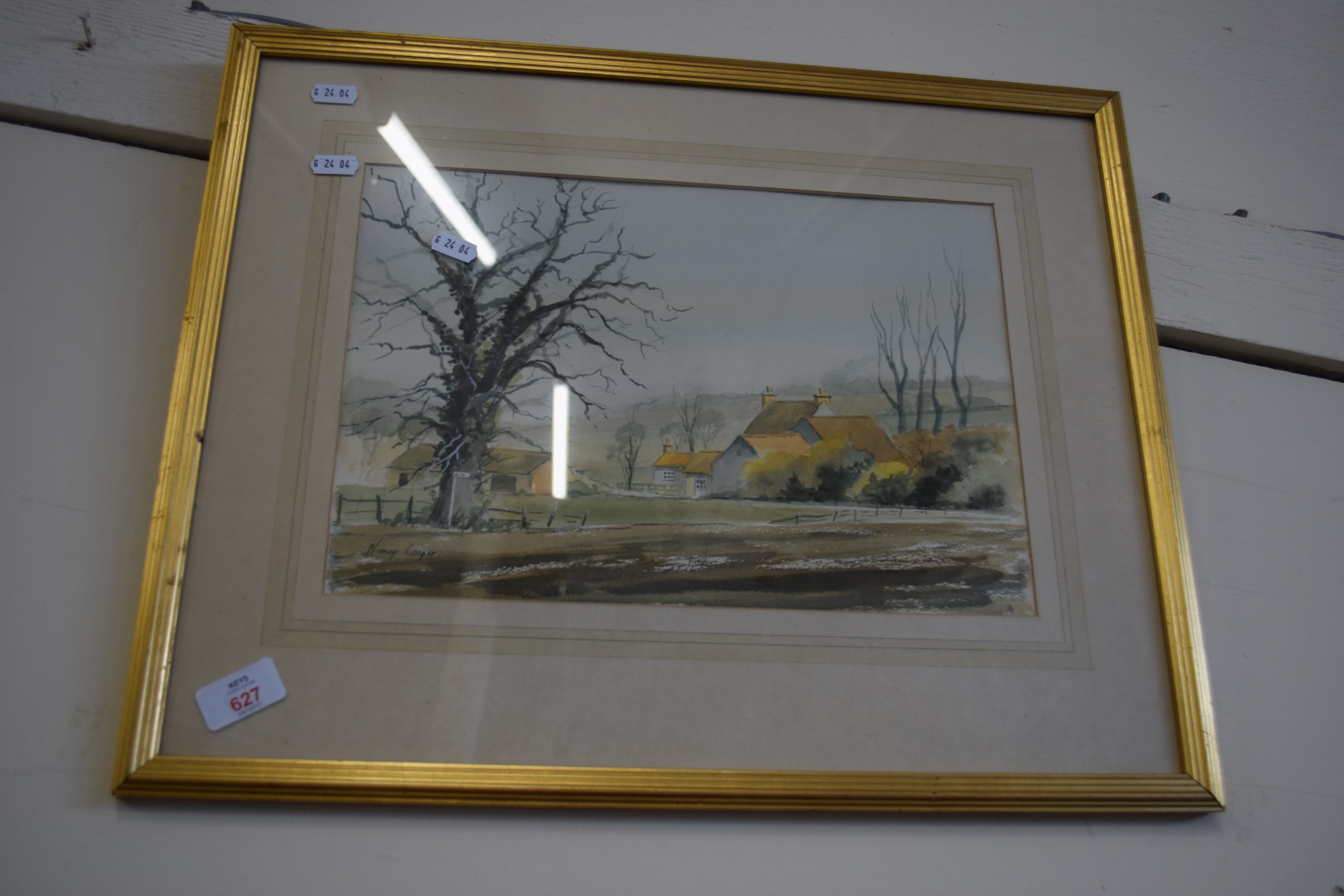 FRAMED WATERCOLOUR OF A FARMHOUSE, SIGNED NANCY COOPER, APPROX 24 X 35CM