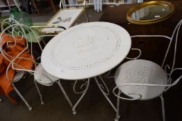 METAL FRAMED PATIO TABLE, DIAM APPROX 69CM, AND FOUR METAL CHAIRS