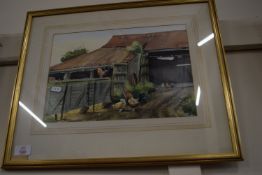 WATERCOLOUR, FARM SCENE WITH CHICKENS