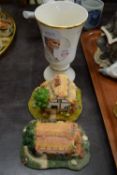 ROYAL COMMEMORATIVE BEAKER AND TWO COTTAGE MODELS