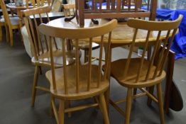 FOLDING CIRCULAR DINING TABLE, DIAM APPROX 109CM, TOGETHER WITH FOUR MATCHING STICK BACK CHAIRS