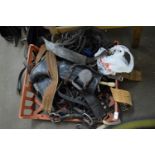 BOX CONTAINING HORSE HARNESS, RIDING BOOTS ETC
