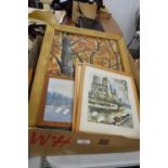 BOX OF MIXED PICTURES, PHOTOGRAPH FRAMES INCLUDING LARGE OIL ON BOARD, WOODLAND SCENE
