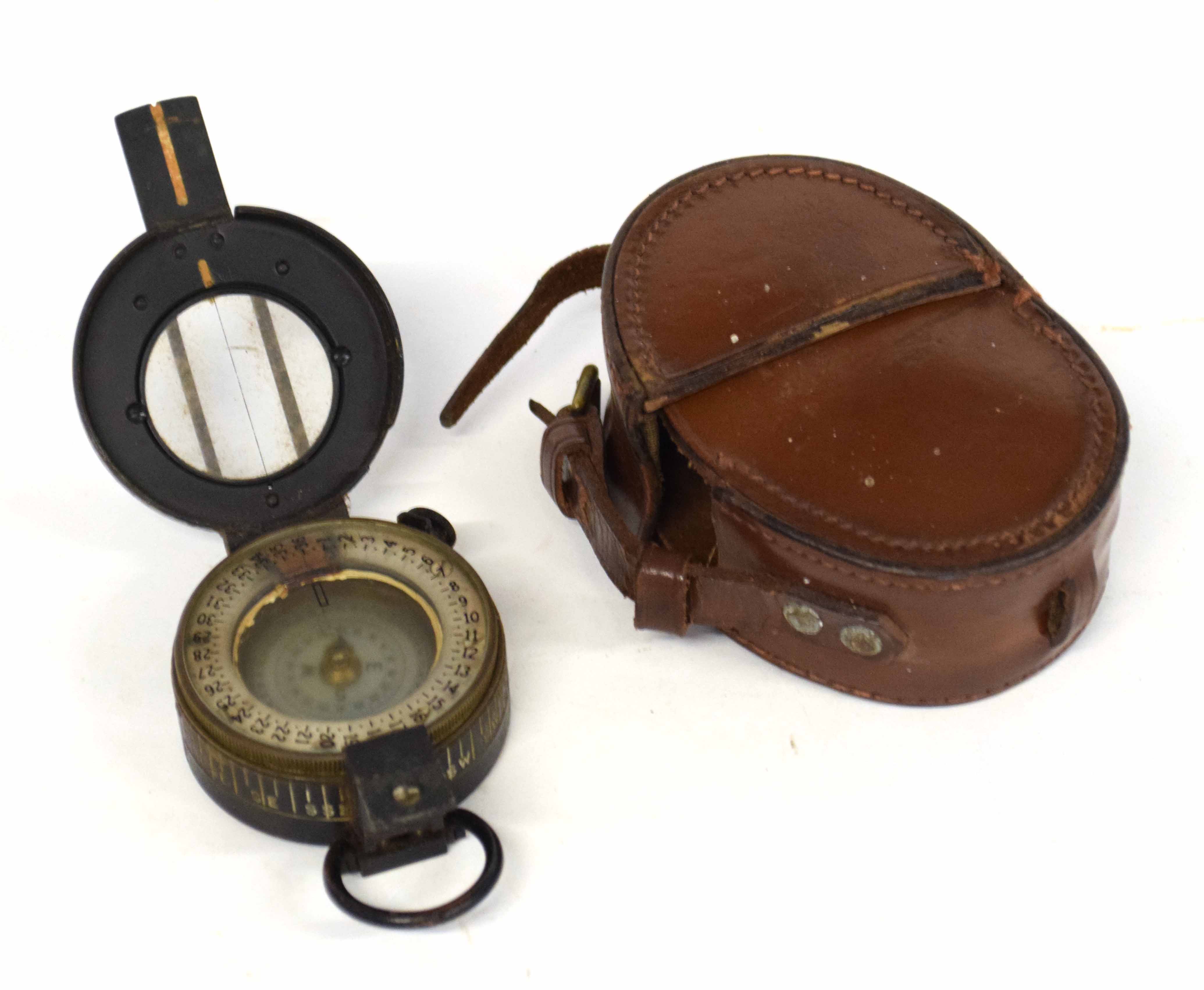 20th century leather cased prismatic marching compass made by Higler & Watts Ltd