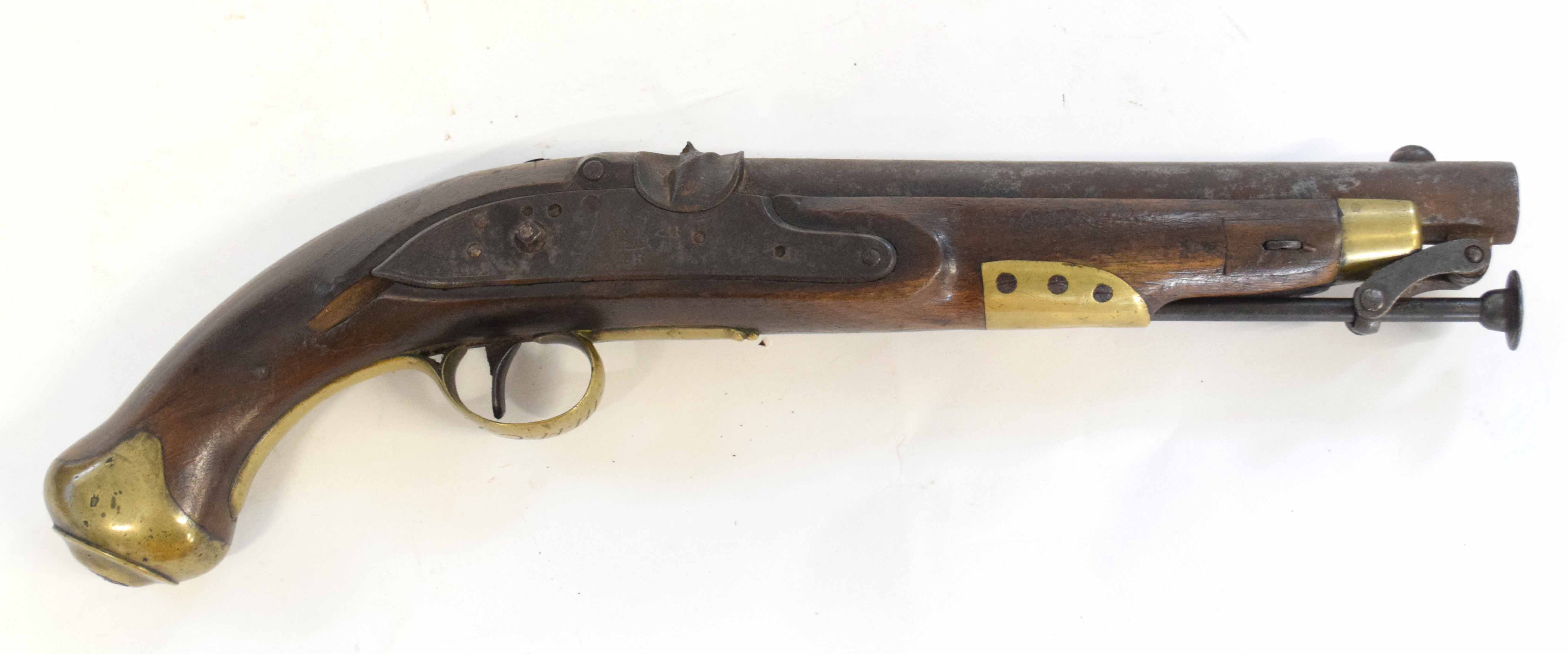 Two pistols, one Georgian Tower flintlock pistol converted to percussion cap, with brass butt cap, - Image 8 of 8