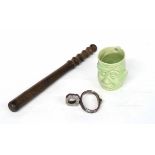 Early 20th century Police items to include wooden baton/night-stick, single Hiatt handcuff and