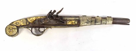 19th/20th century Middle Eastern flintlock pistol with engraved ivory panelling and encrusted gems