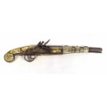 19th/20th century Middle Eastern flintlock pistol with engraved ivory panelling and encrusted gems