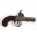 19th century English percussion box-lock pistol by Louth, with seized turn-off barrel, engraved "