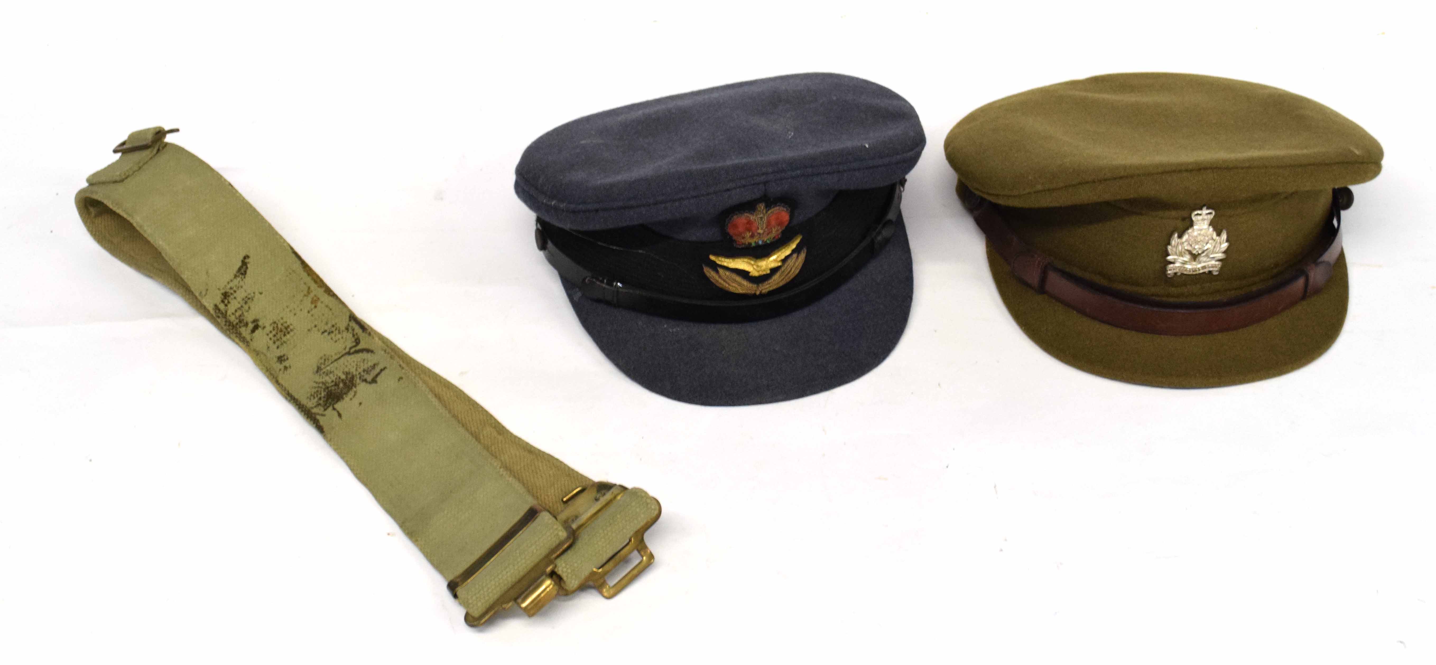 20th century RAF peak cap by Moss Bros together with Army peak cap with Elizabeth II Intelligence