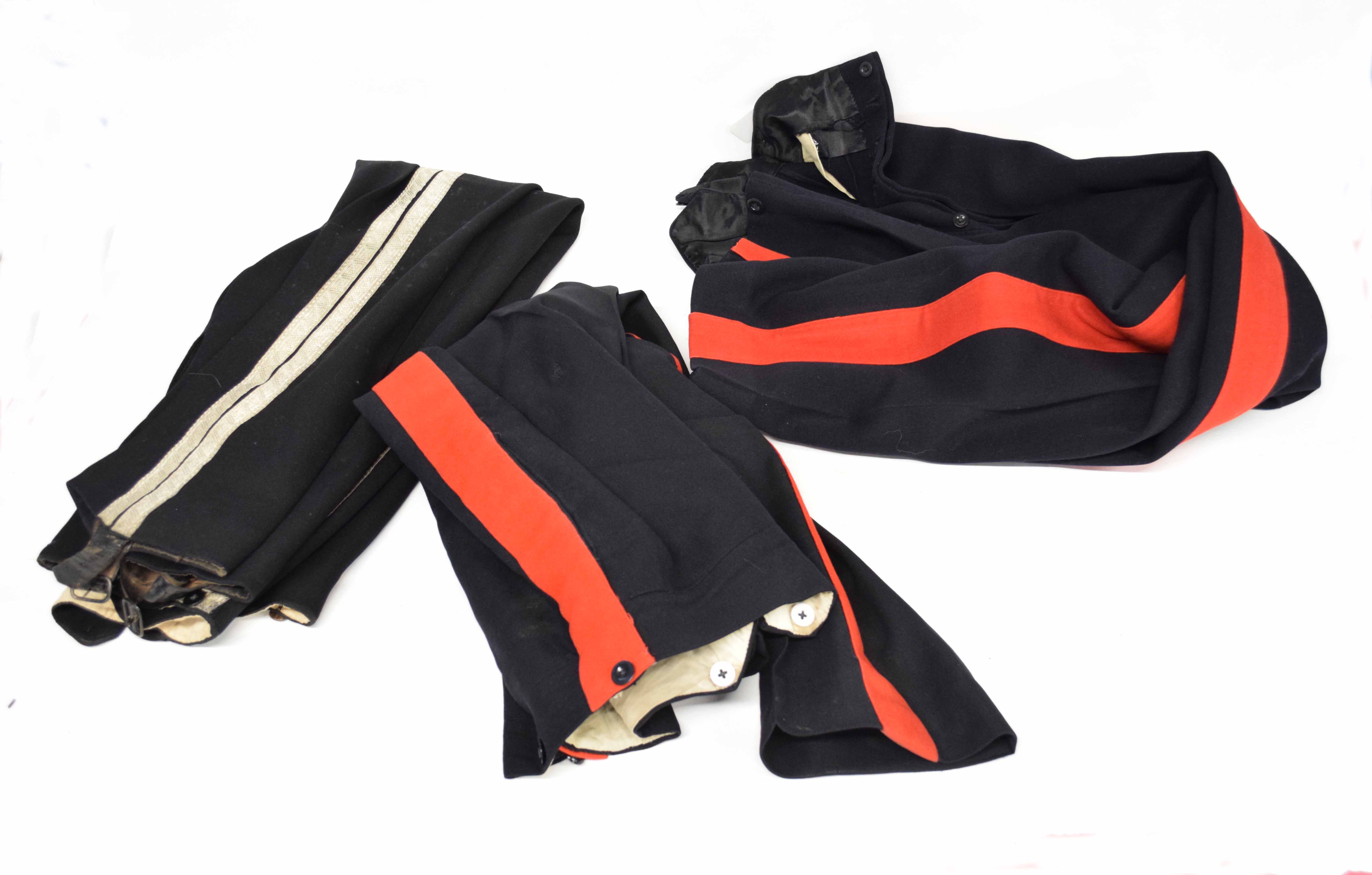 Quantity of British Military cavalry trousers, two with red piping to sides, further with silver