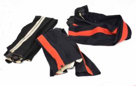 Quantity of British Military cavalry trousers, two with red piping to sides, further with silver