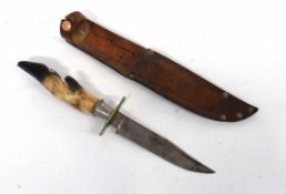 20th century hunting knife with deer hoof handle and scabbard, made by John Brookes of Sheffield.