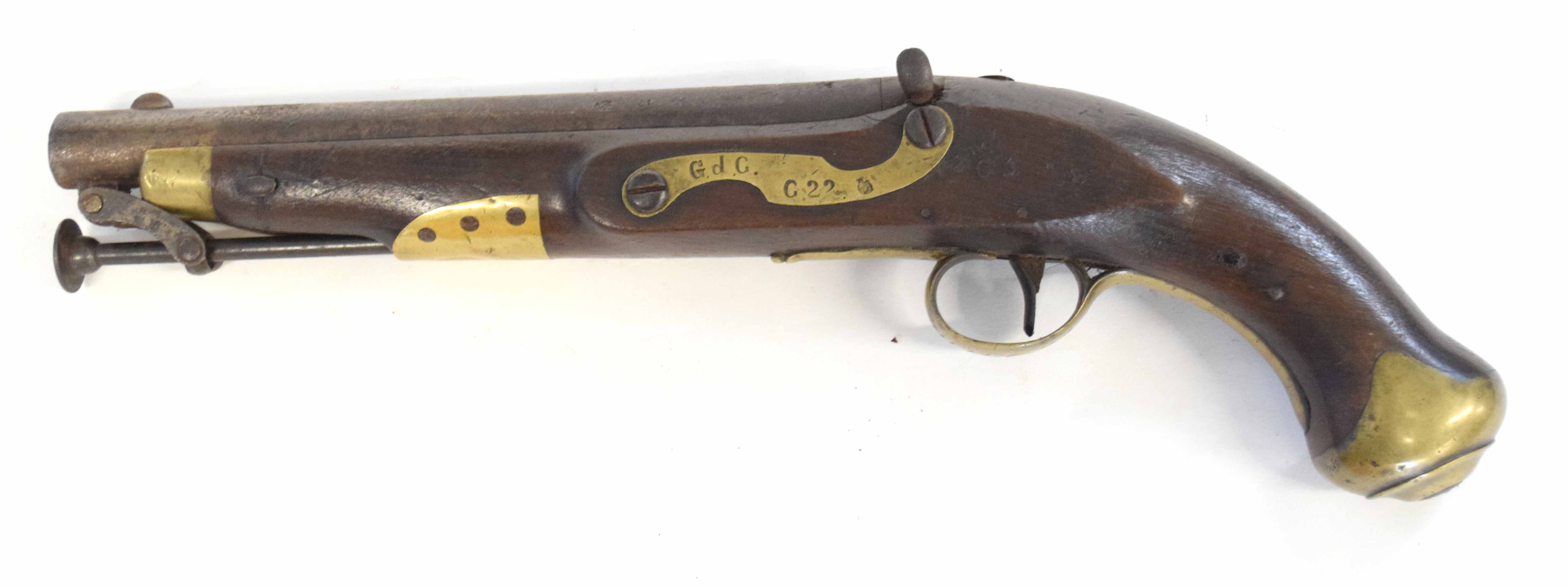 Two pistols, one Georgian Tower flintlock pistol converted to percussion cap, with brass butt cap, - Image 6 of 8