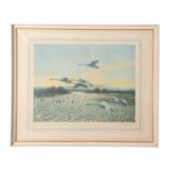 Peter Markham Scott, print, signed inn pencil to margin, Swans in Flight, 44 x 52cm