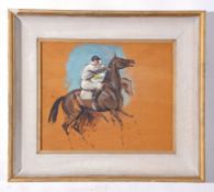 Unfinished study of racehorses and jockeys, oil on board, unsigned, set into a white and gilt finish