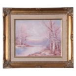 J Reeves, signed LL, Oil on canvas, Winter River Scene, 20 x 24cm