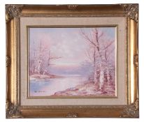 J Reeves, signed LL, Oil on canvas, Winter River Scene, 20 x 24cm