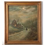 20th century unsigned English School oil on board – two figures in a winter landscape, 60 x 49cm