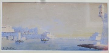 G Galea, watercolour, signed, Engrance to Grand Harbour, Valetta, Malta, 10 x 23cm