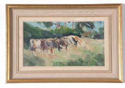 Geoffrey Wilson, Oil on board, Cattle Grazing in Lincs, 13 x 24cm