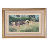 Geoffrey Wilson, Oil on board, Cattle Grazing in Lincs, 13 x 24cm