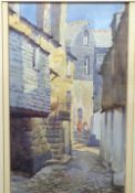 Helen Seddon, Study of cobbled alleyway with children playing on steps, watercolour, signed lower