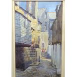 Helen Seddon, Study of cobbled alleyway with children playing on steps, watercolour, signed lower