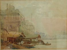 19th century watercolour study of Venetian canal scene with gondola in foreground, framed and