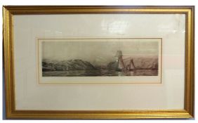 Harold Wyllie (1880-1975) Etching /Aquatint, "Shpping in an Estuary" pub 1926, 16 x 43cm