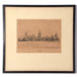 Three framed etchings, views of Charterhouse School, each 20 x 26cm