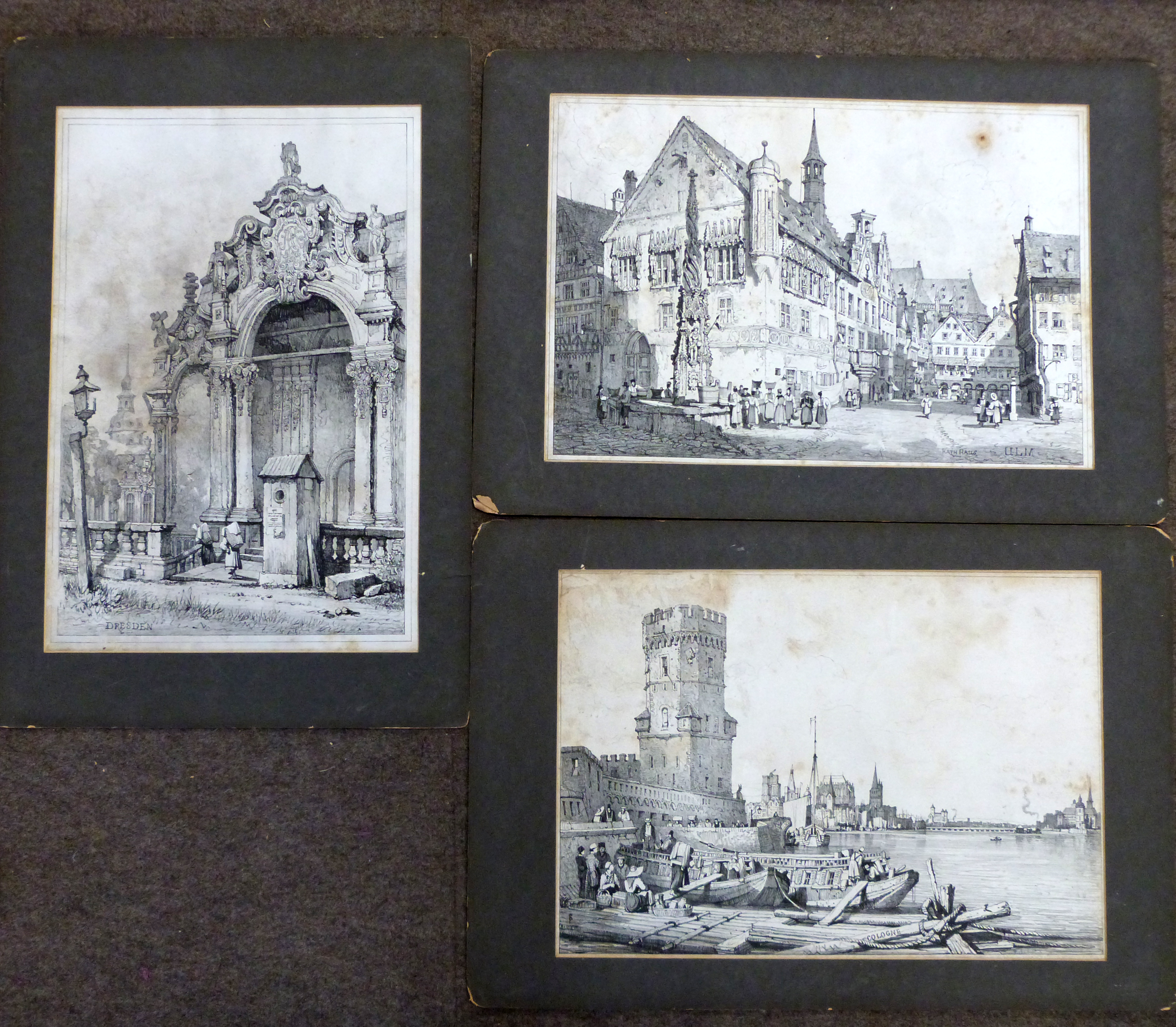 After Samuel Prout, German city scenes, black and white engravings, unframed (12)