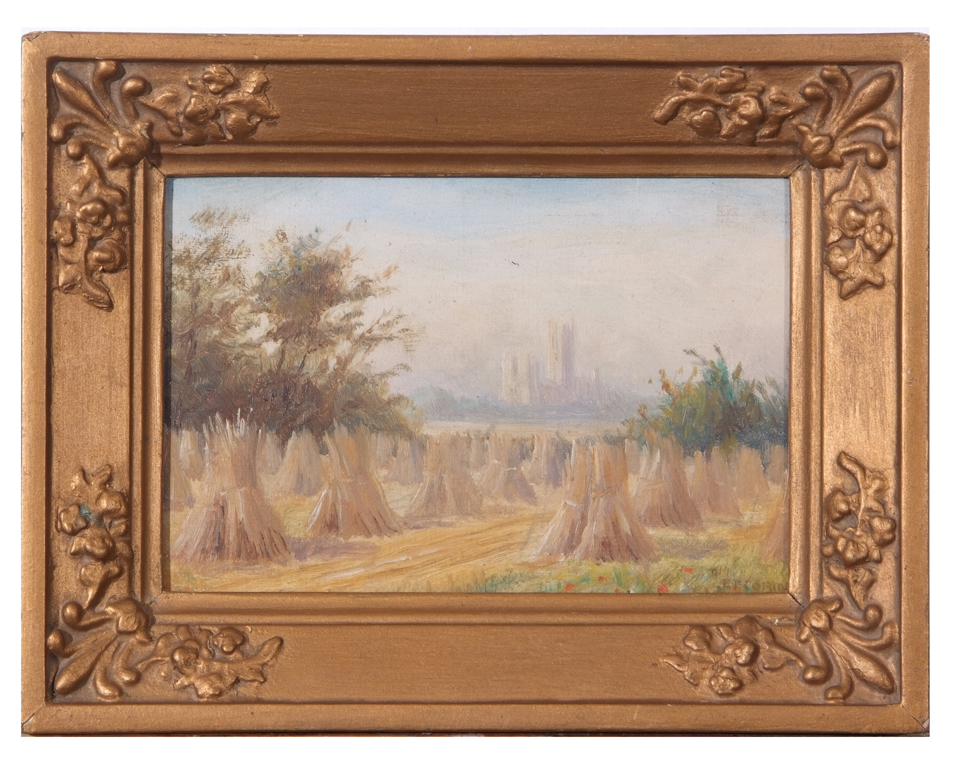 E F Cronin, signed, Harvest scene with Cathedral beyond, 11 x 17cm