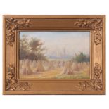 E F Cronin, signed, Harvest scene with Cathedral beyond, 11 x 17cm