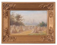 E F Cronin, signed, Harvest scene with Cathedral beyond, 11 x 17cm