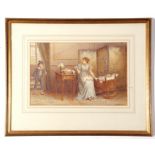 George Goodwin Kilburne (1837-1924), signed watercolour – period interior with figures, 25 x 38cm