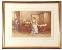 George Goodwin Kilburne (1837-1924), signed watercolour – period interior with figures, 25 x 38cm