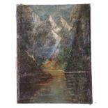 Late 19th/early 20th century Study, mountainous landscape with water in foreground, titled to