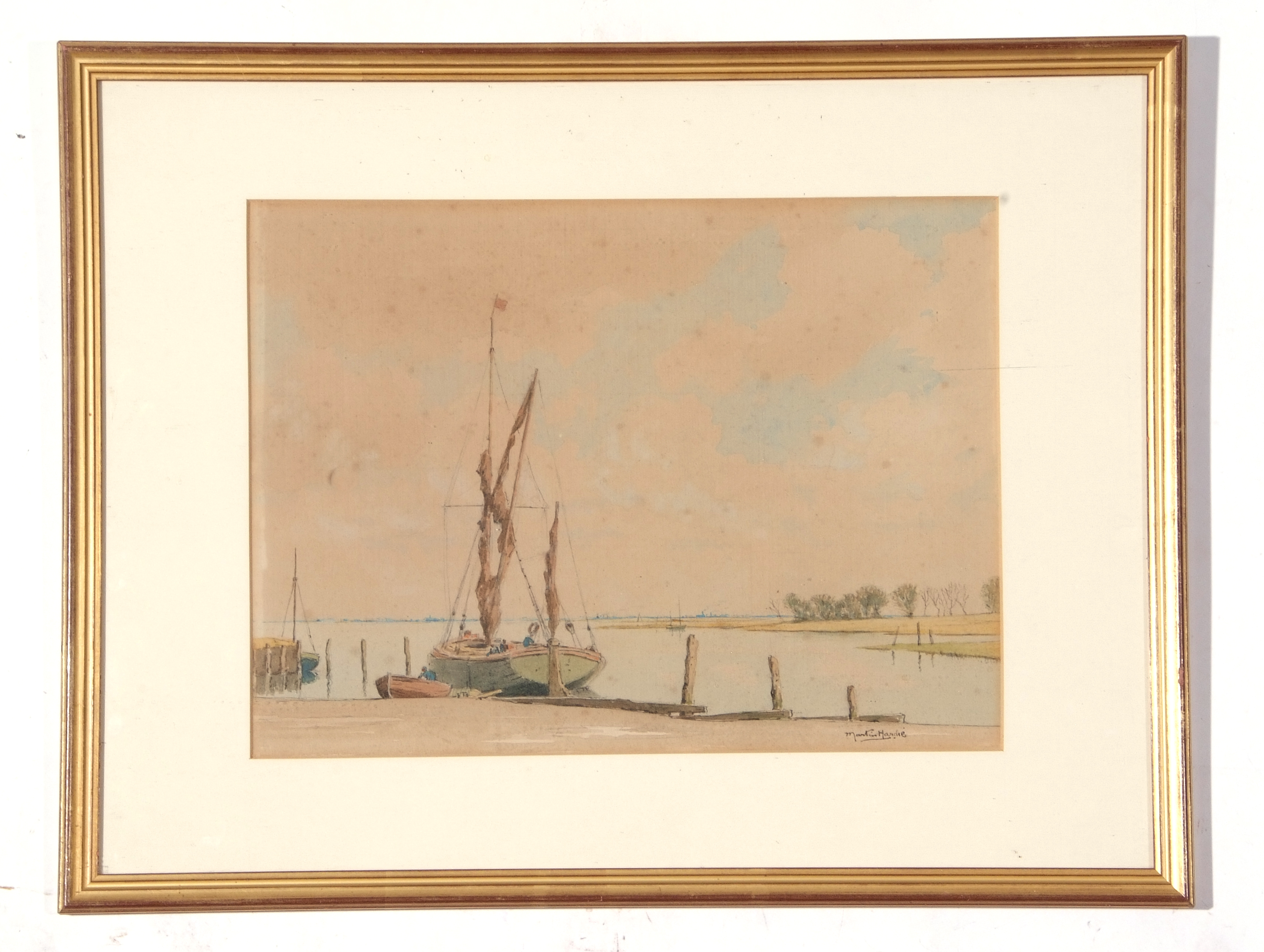 Martin Hardie, watercolour, Barge, Lower Halstow, Kent, 28 x 37cm