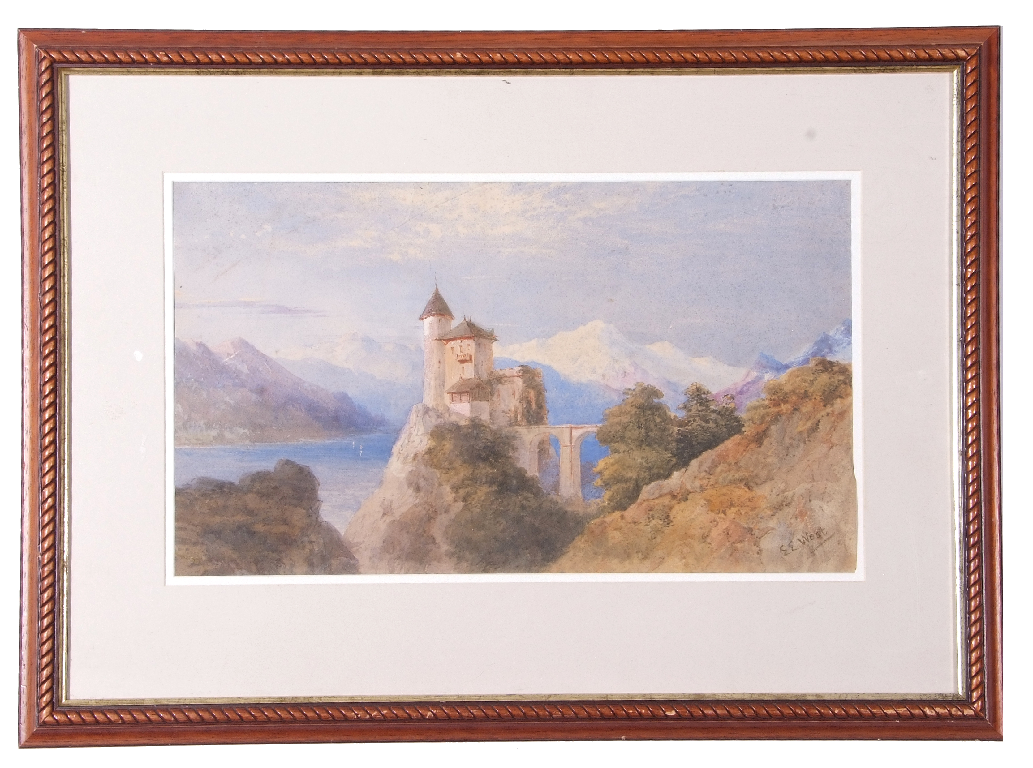 E E West, watercolour, signed, Continental landscape with fantasy castle, 29 x 49cm