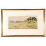 T Strethill Smith, watercolour, River Shipyard and warehouses in landscape, 1897, 24 x 54cm