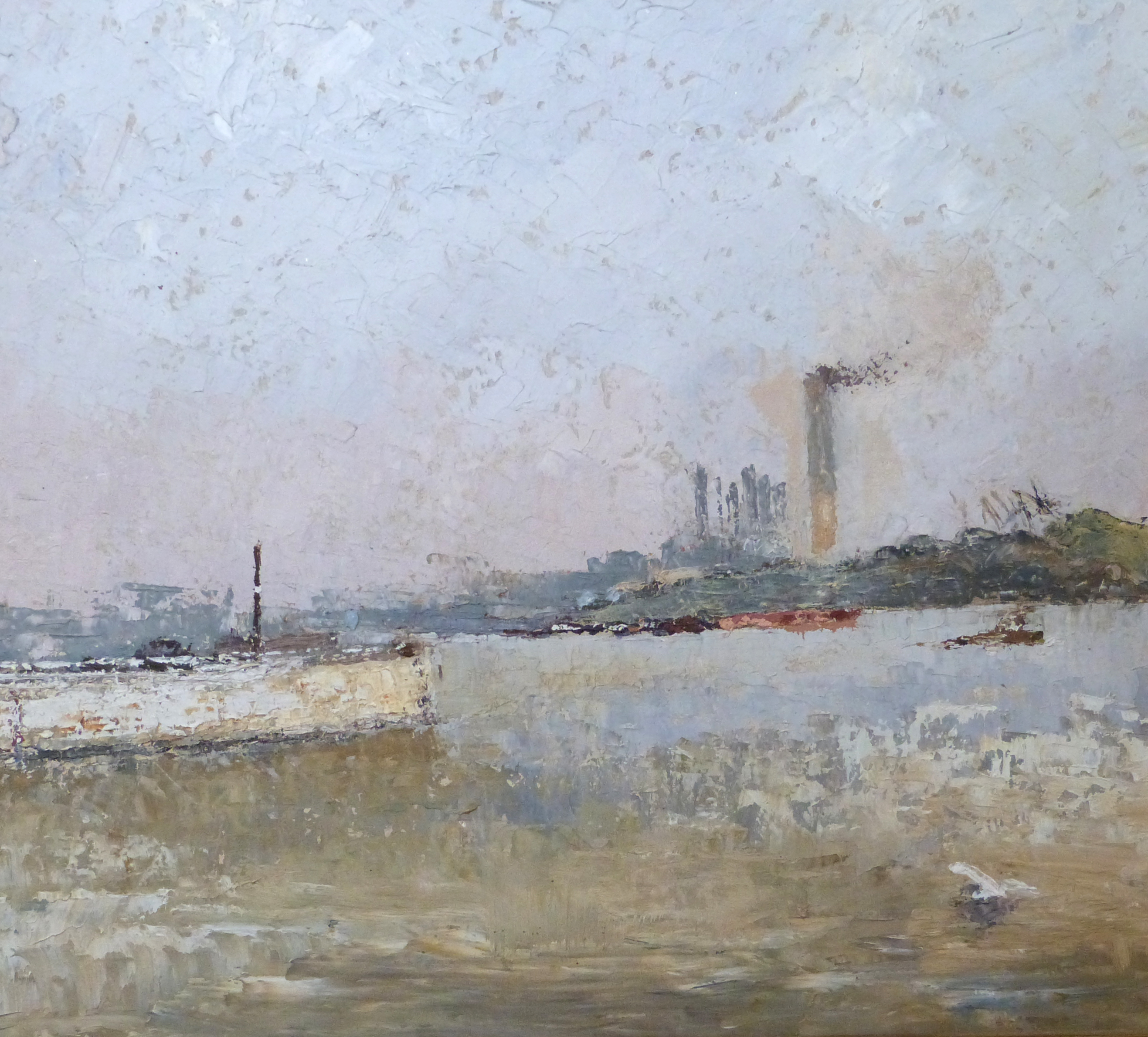 Modern British School, Oil on board, industrial Riverscape, 27 x 28cm - Image 2 of 2