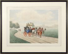 K Ramsay, watercolour of an early 19th century stage coach in landscape, signed, 52 x 38cm