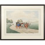 K Ramsay, watercolour of an early 19th century stage coach in landscape, signed, 52 x 38cm