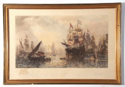 After Sir Oswald Walters Brierly, large coloured engraving, ships in harbour, bears both pencil