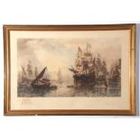 After Sir Oswald Walters Brierly, large coloured engraving, ships in harbour, bears both pencil