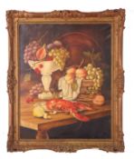 G J Pappas (xx), signed, oil on canvas – Still Life study, mixed fruit and lobster on a table, 75