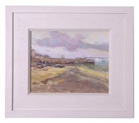 John Shave, Oil on board, "Down at the Harbour", artists label verso, 11.5cm x 19cm