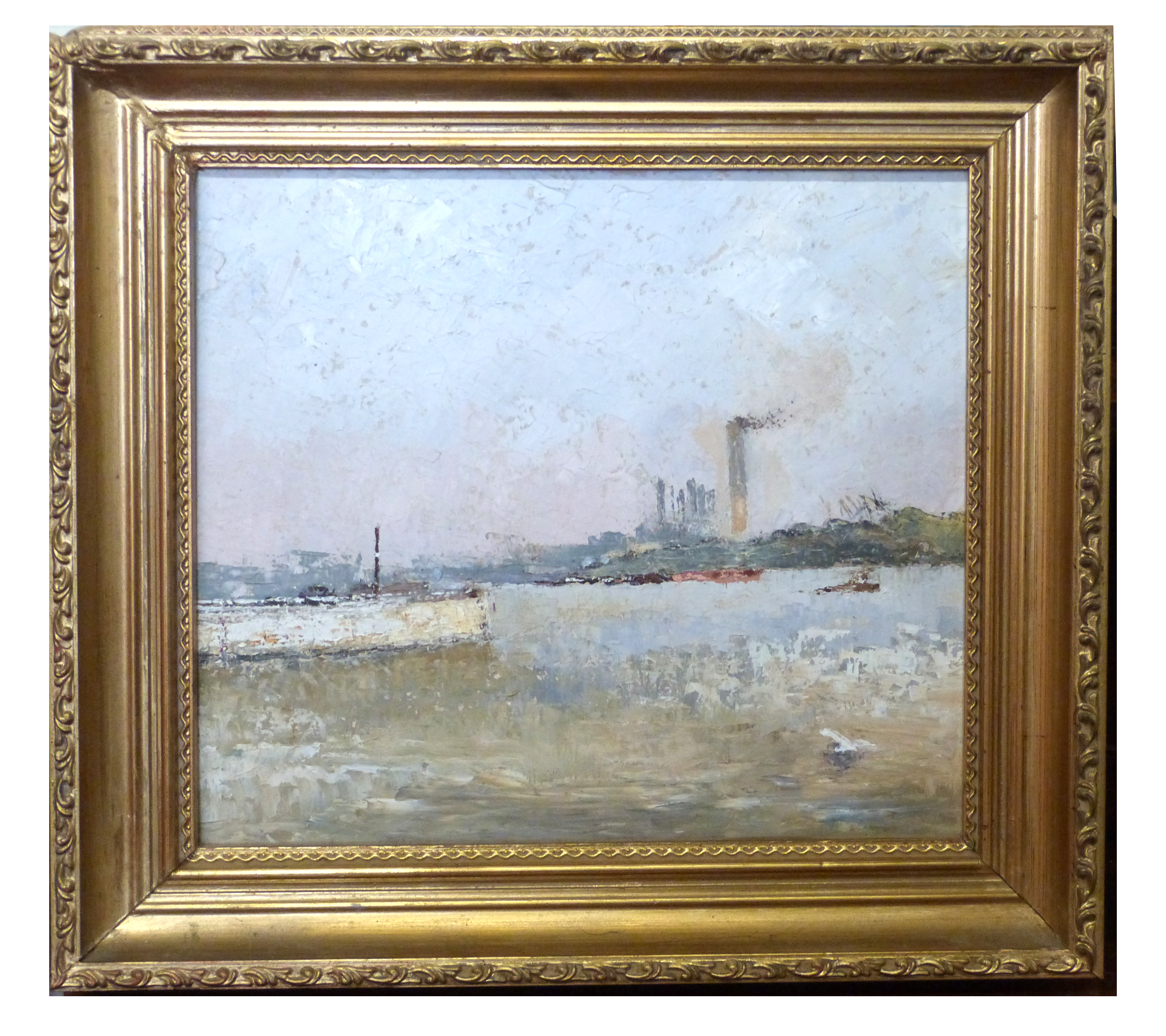 Modern British School, Oil on board, industrial Riverscape, 27 x 28cm