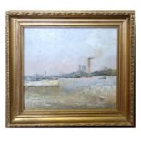 Modern British School, Oil on board, industrial Riverscape, 27 x 28cm